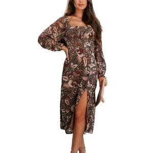 Cottagecore Dark Floral Midi Dress Sz XS Brown Prairie Milkmaid Puff Sleeves